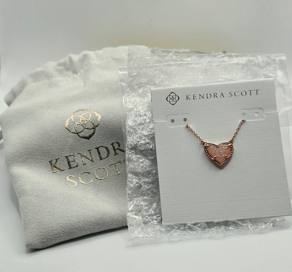 Kendra Scott Ari Heart Pendant Necklace Pink Druzy Rose Gold Tone 15-17in - New